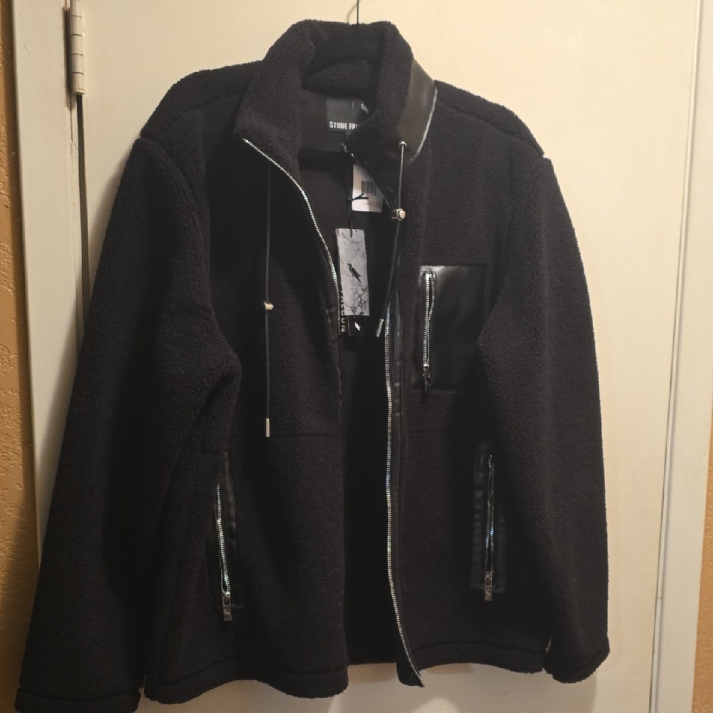 Stone Falcon Black Fleece Jacket with Leather Accents
